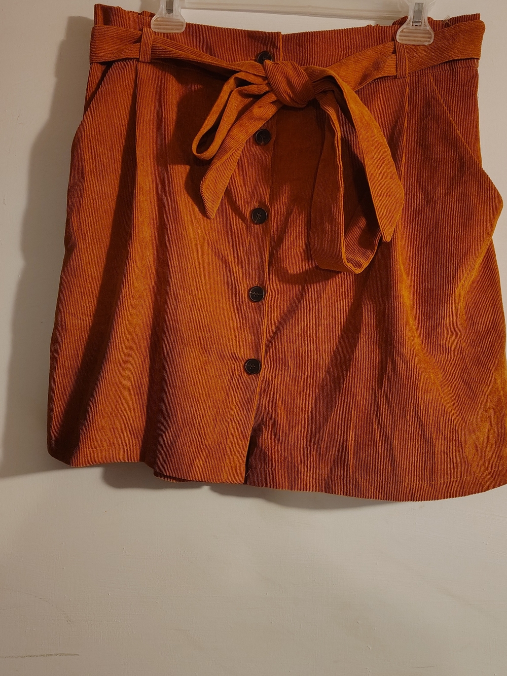 Button-Front Tie-Waist Corduroy Skirt in Rust Orange